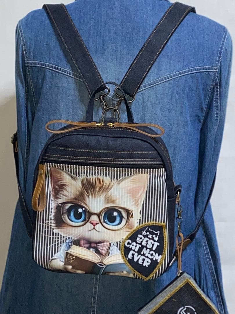 ハンドメイド☆岡山デニム♪ステンシル♪トラ猫☆リュック対応☆ミニボストンバッグ