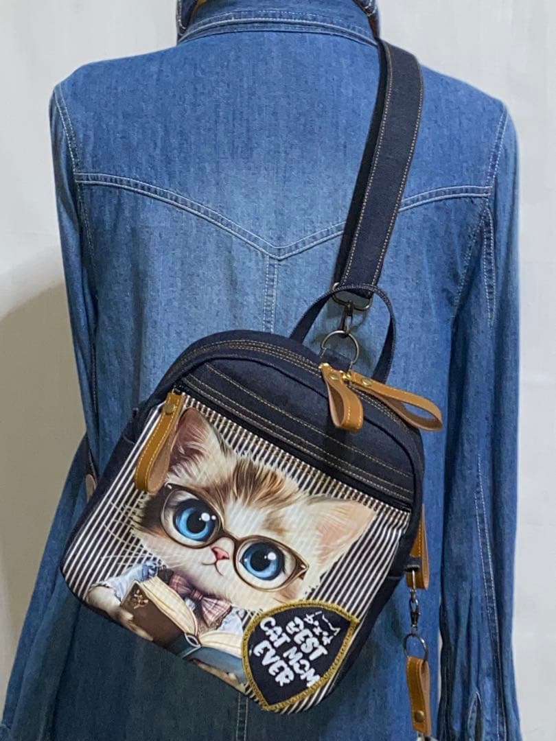 ハンドメイド☆岡山デニム♪ステンシル♪トラ猫☆リュック対応☆ミニボストンバッグ