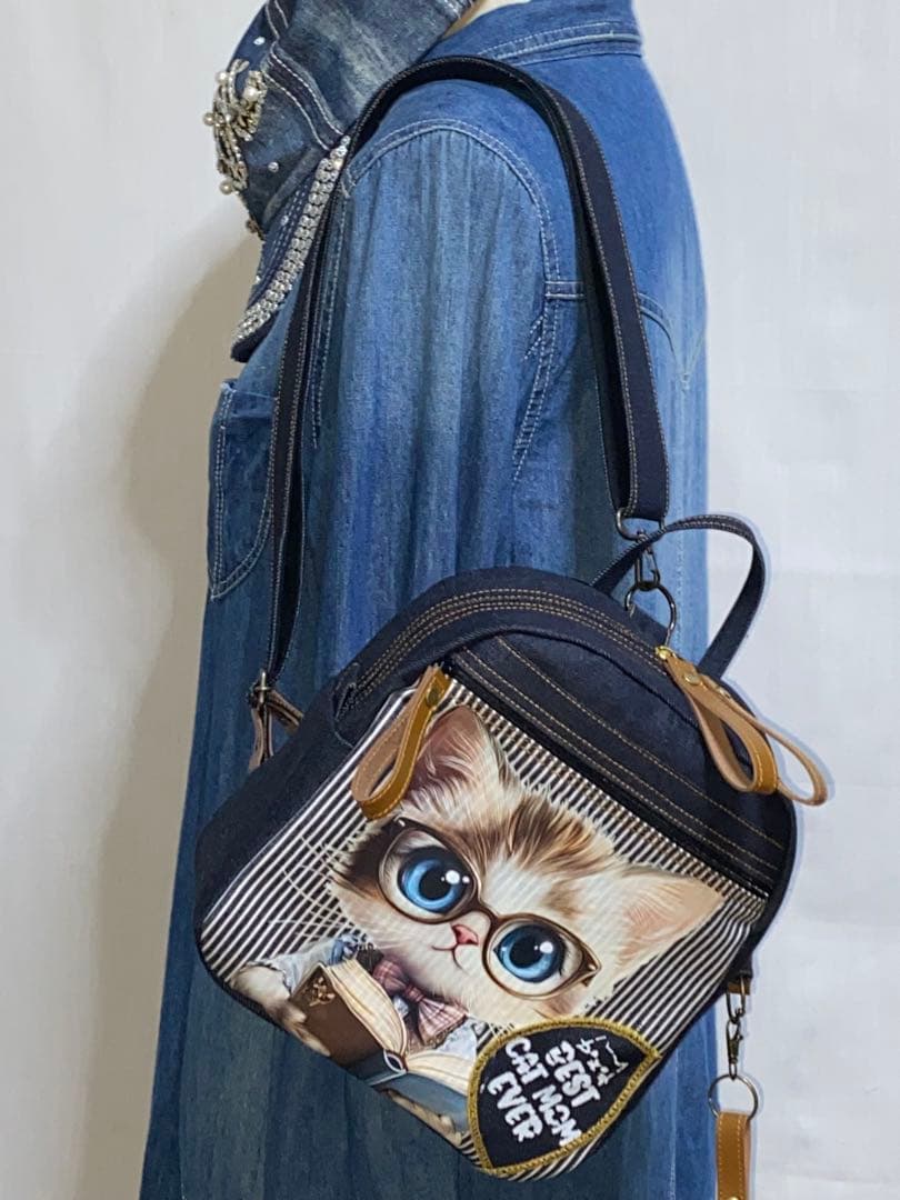 ハンドメイド☆岡山デニム♪ステンシル♪トラ猫☆リュック対応☆ミニボストンバッグ