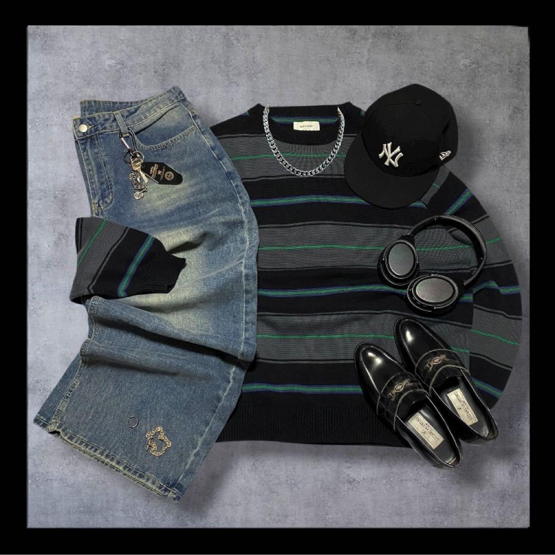 柄 ニット バギー デニム コーデ シティーボーイ c-boy style