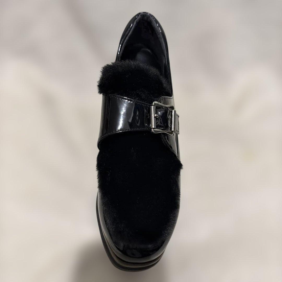 ヒルズアベニューOCEANICA ブラック エナメル ファー シューズ　厚底　黒