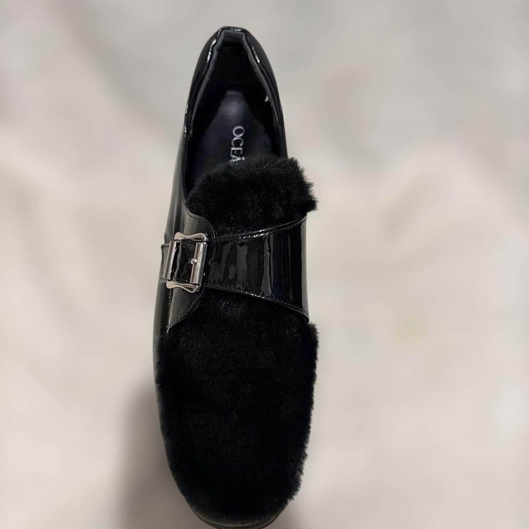 ヒルズアベニューOCEANICA ブラック エナメル ファー シューズ　厚底　黒
