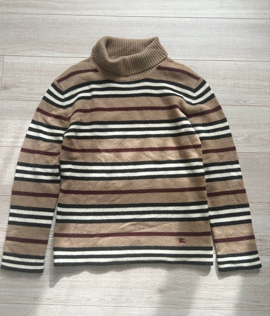 バーバリーブラックレーベル ホースロゴ刺繍　ニット タートルネック ボーダー　L
