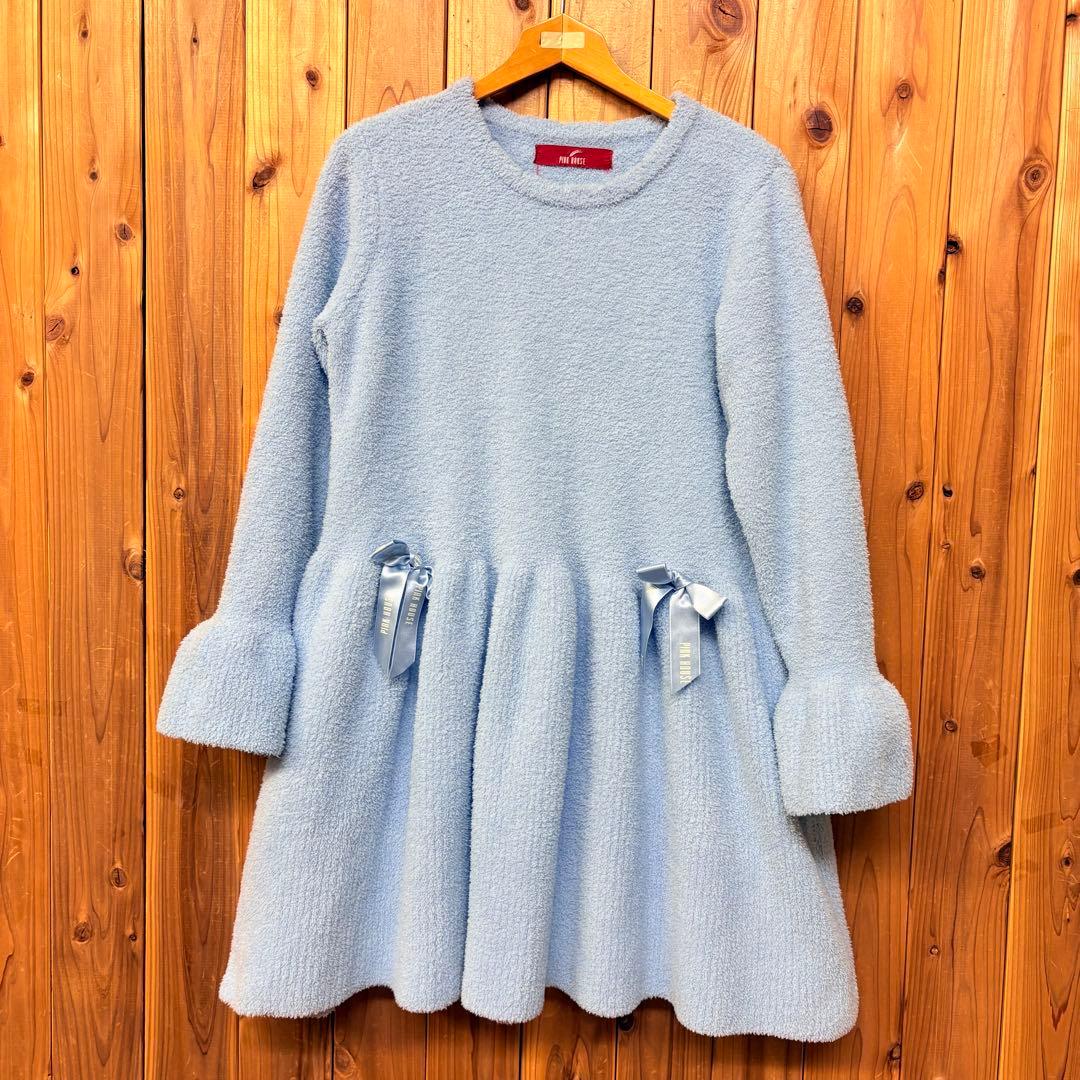 ピンクハウス 水色 ロゴリボン使い モコモコチュニックニット