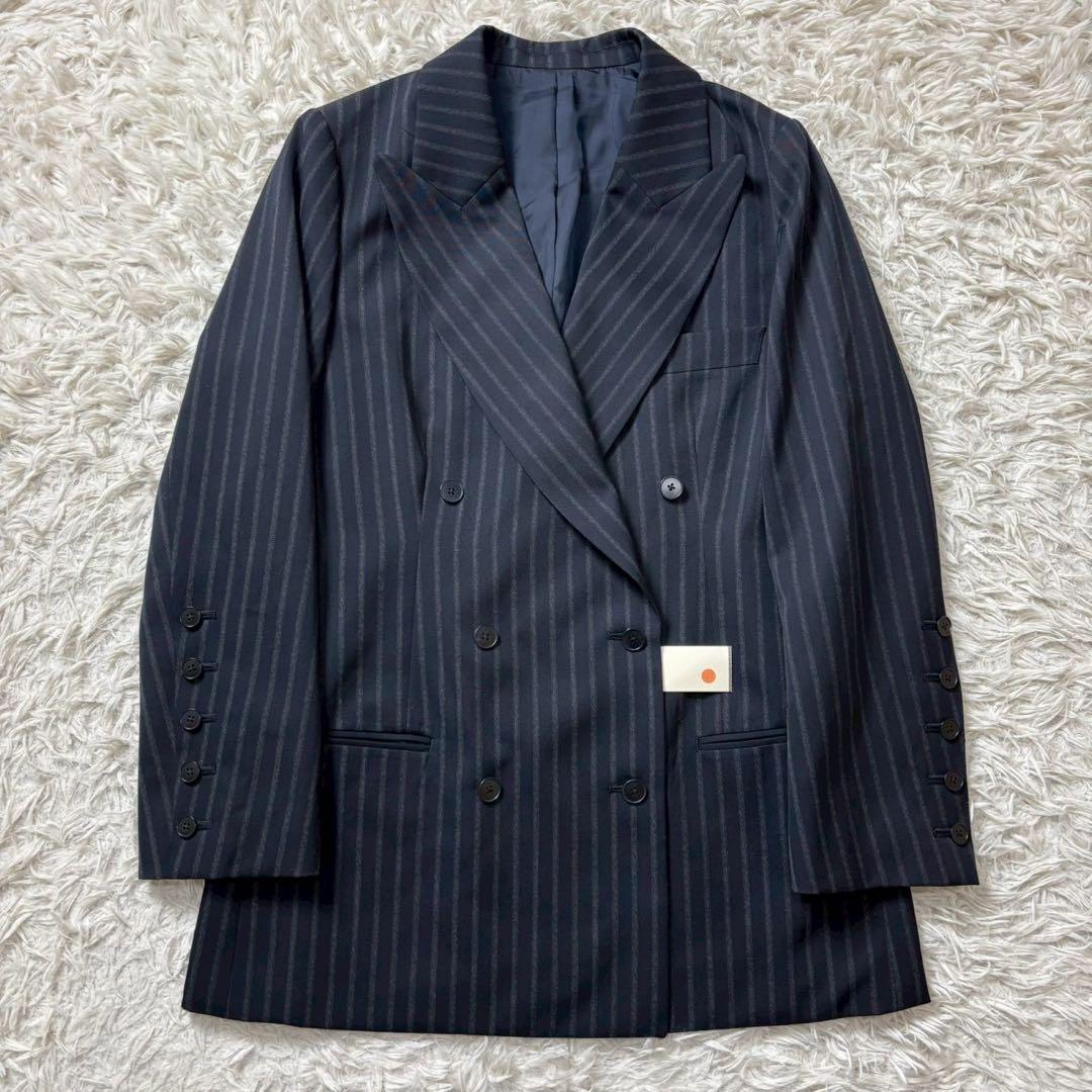 【新品タグ付き】BACCA ストライプギャバダブルテーラードジャケット　ネイビー