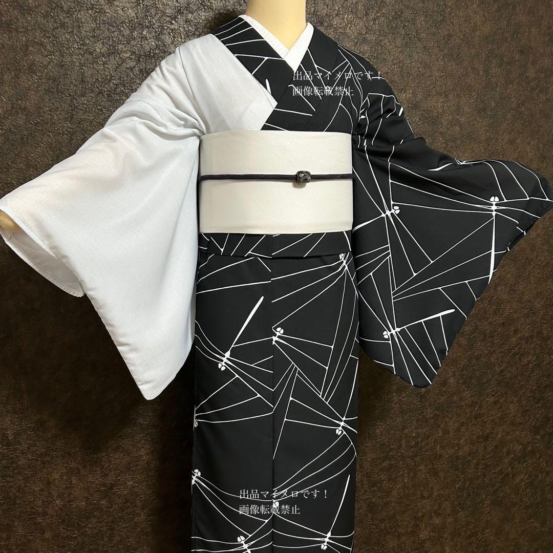 浴衣　夏　単着物　白×黒　吸湿速乾　半身仕立て　片身替わり　帯　0708③
