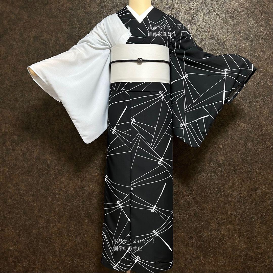 浴衣　夏　単着物　白×黒　吸湿速乾　半身仕立て　片身替わり　帯　0708③