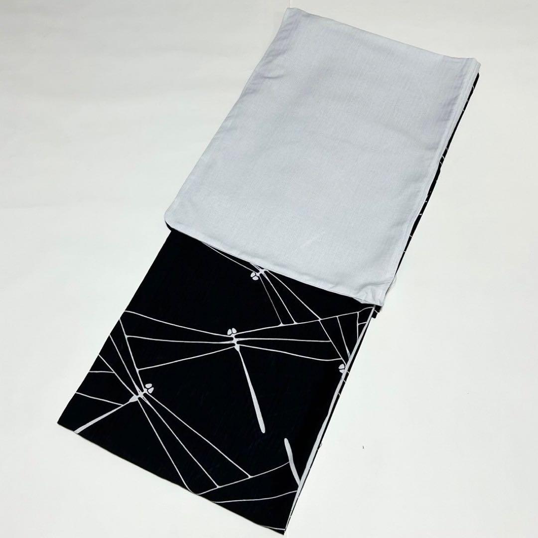 浴衣　夏　単着物　白×黒　吸湿速乾　半身仕立て　片身替わり　帯　0708③