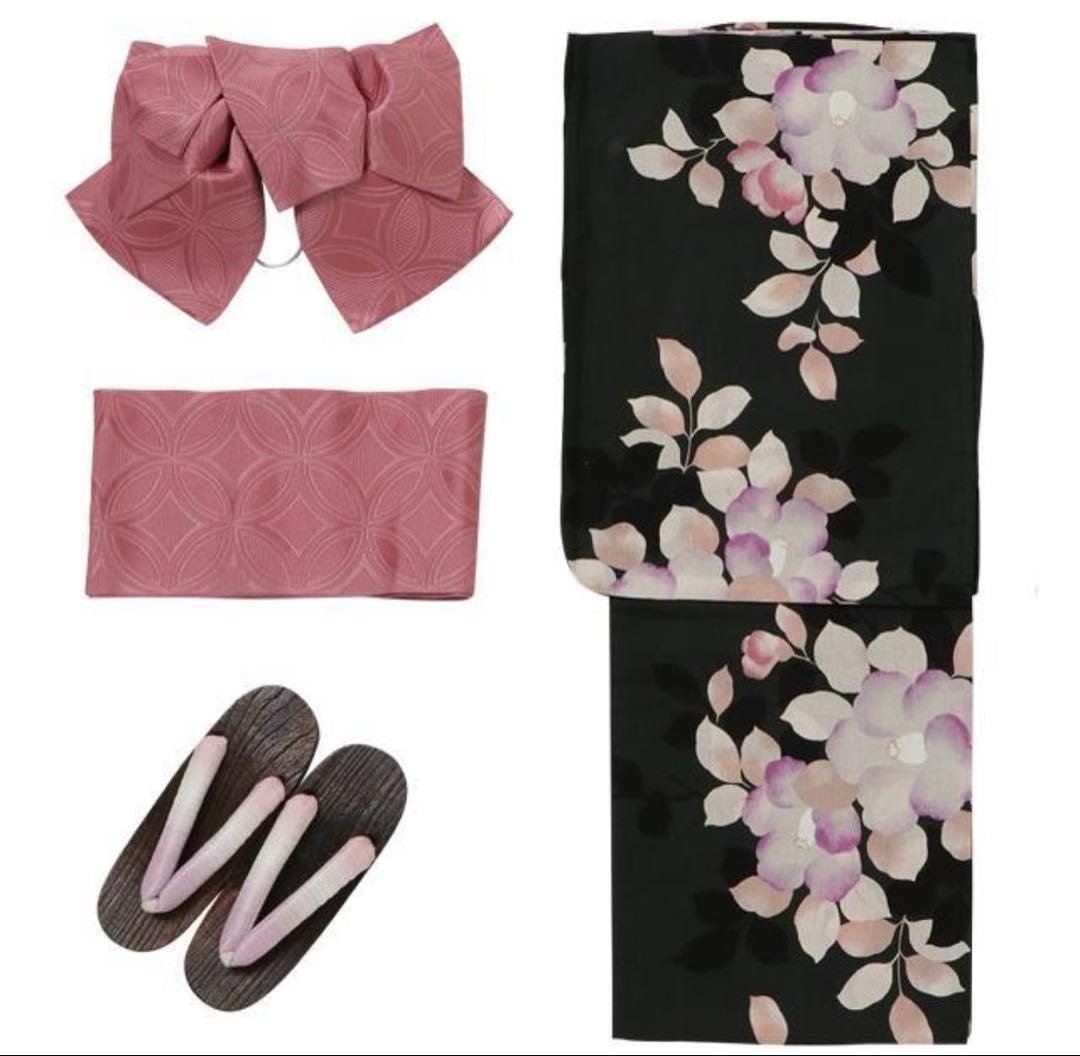 可憐椿柄浴衣 ゆかた 作り帯 セット 下駄 大人っぽい シック 新品　グリーン