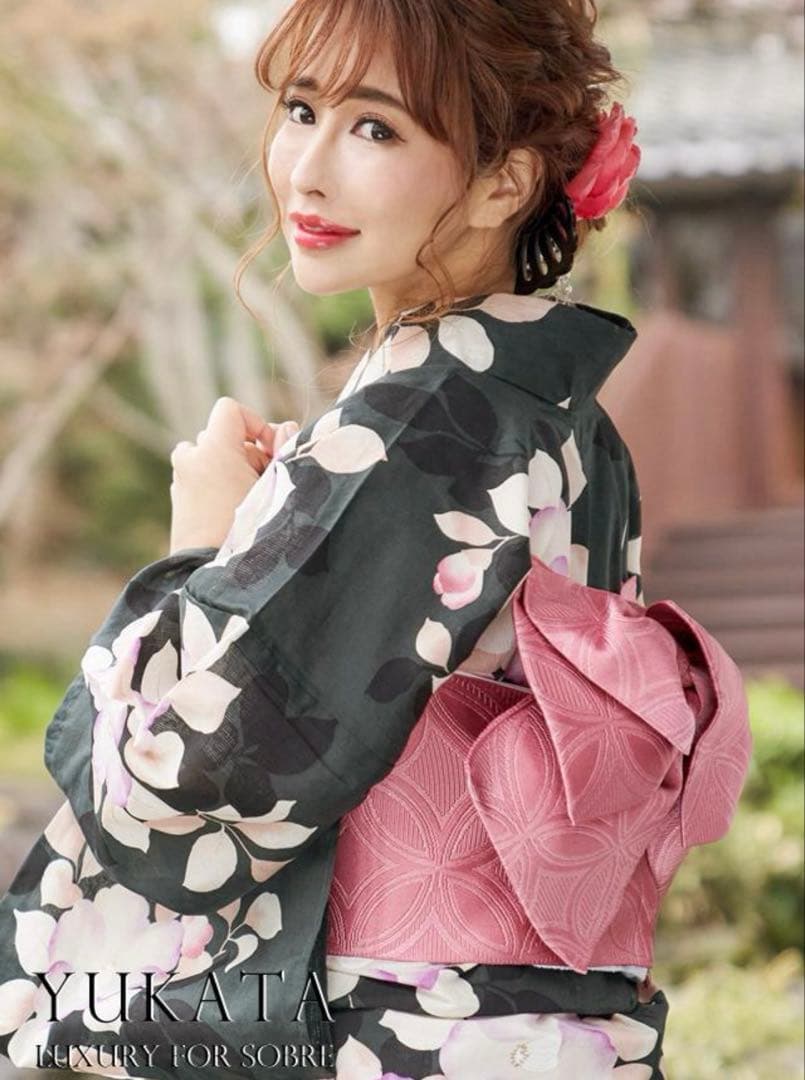 可憐椿柄浴衣 ゆかた 作り帯 セット 下駄 大人っぽい シック 新品　グリーン