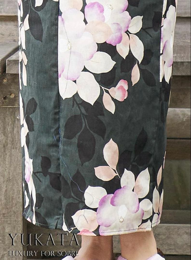 可憐椿柄浴衣 ゆかた 作り帯 セット 下駄 大人っぽい シック 新品　グリーン