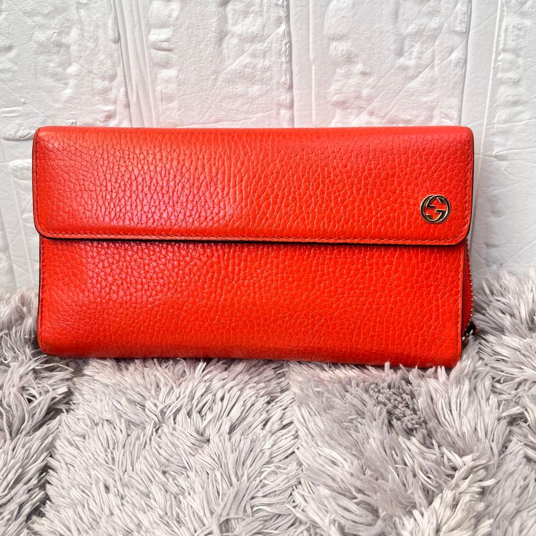 良品✨GUCCI 大容量　インターロッキング　財布　ラウンドファスナー　オレンジ