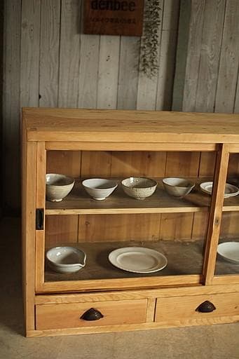 ロコ　古い木枠のガラス戸棚　引き出し3杯　水屋　食器棚　カウンター