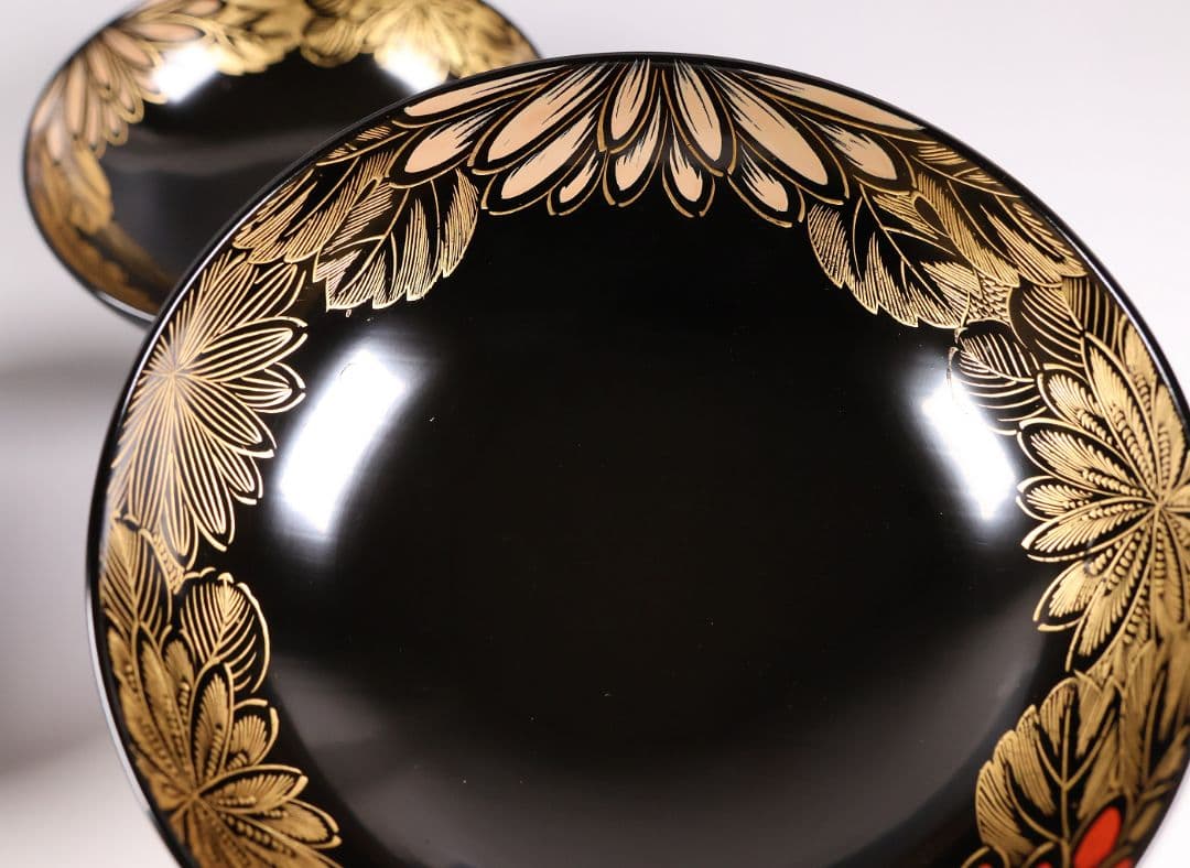 【CM366】輪島塗 塩徳屋漆器店 沈金 菊尽 煮物椀 五客 木製漆器 黒塗