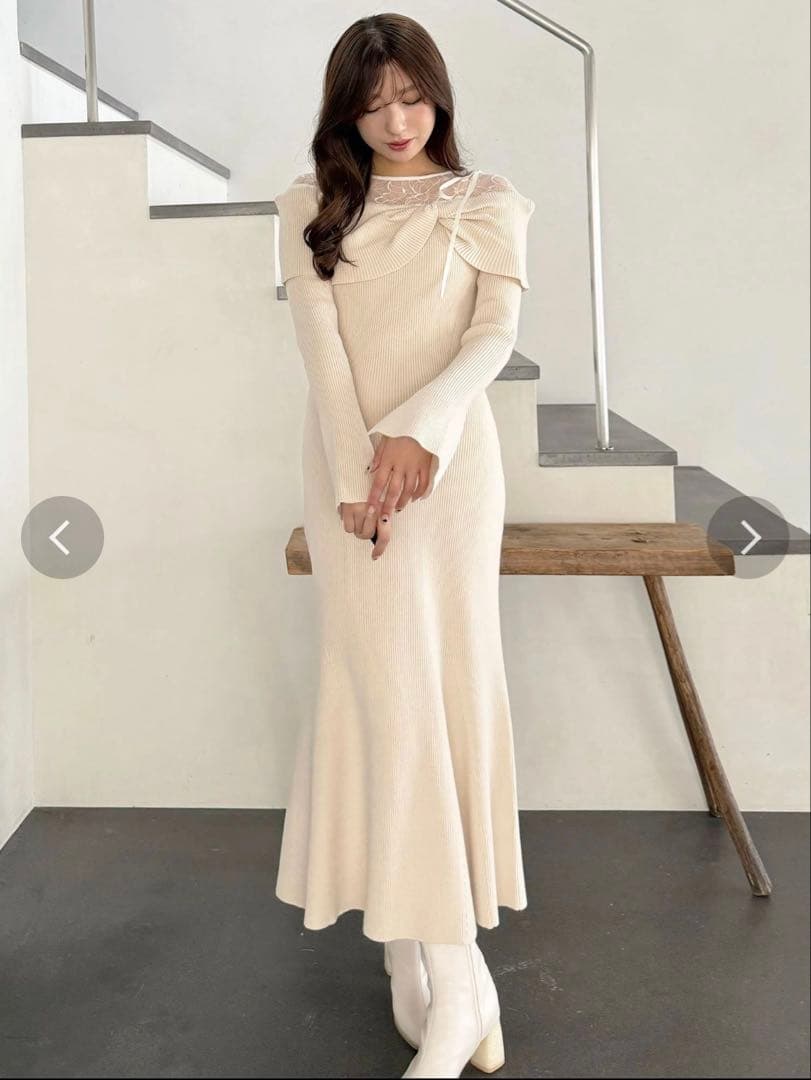 レース切替オフショルニットワンピース