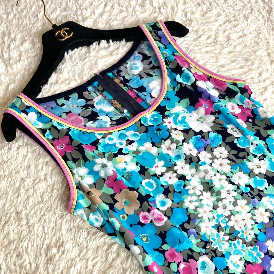 【極美品】レオナール ボタニカル フラワートリム Aライン ワンピース ブルー