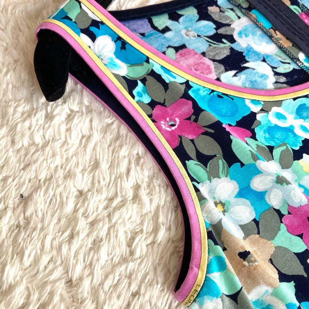 【極美品】レオナール ボタニカル フラワートリム Aライン ワンピース ブルー