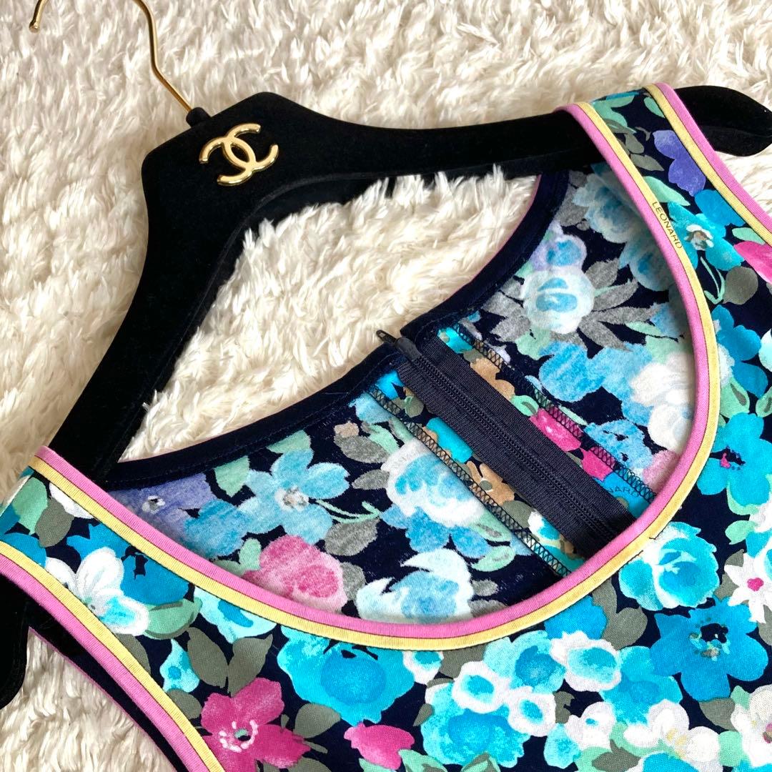 【極美品】レオナール ボタニカル フラワートリム Aライン ワンピース ブルー