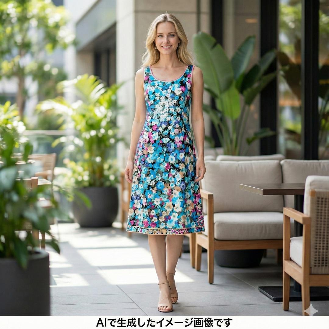 【極美品】レオナール ボタニカル フラワートリム Aライン ワンピース ブルー