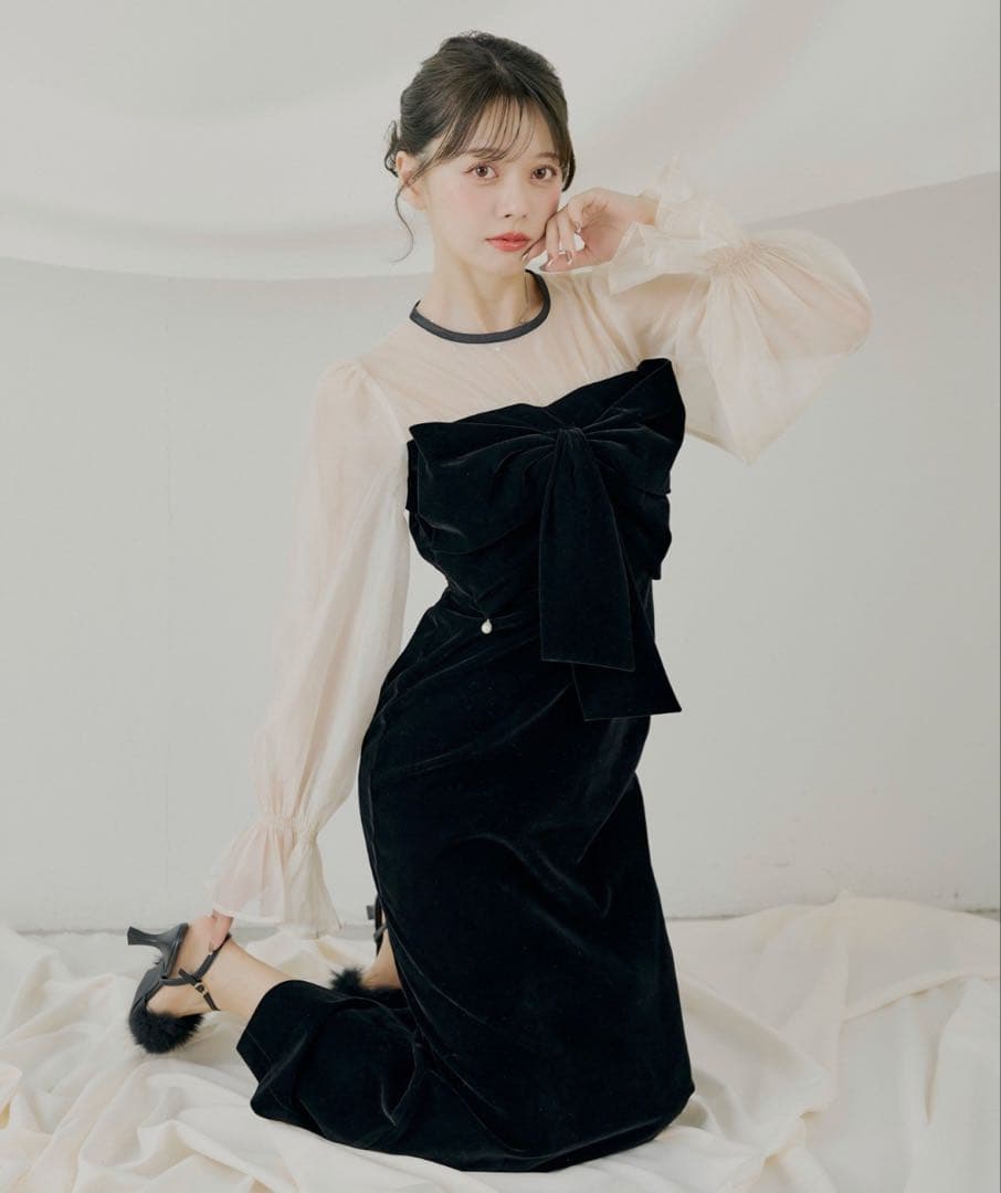 chico 配色シアーリボンベロアワンピース/オケージョン　ブラック