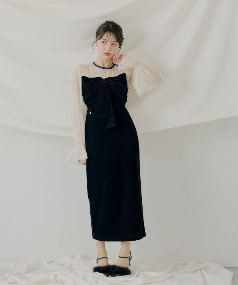 chico 配色シアーリボンベロアワンピース/オケージョン　ブラック