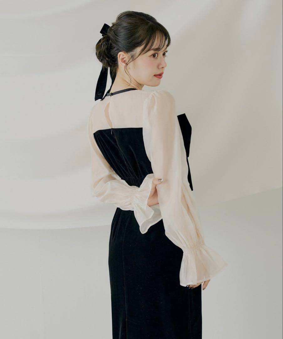 chico 配色シアーリボンベロアワンピース/オケージョン　ブラック