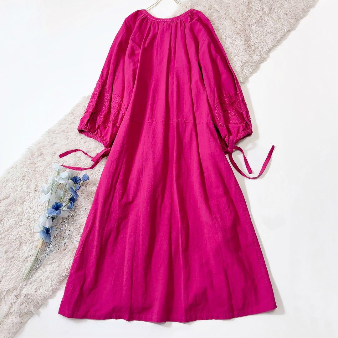 新品タグ付ꕥサラマリカ コットンリネンパッチドレス 共布リボン 刺繍 ゆったり