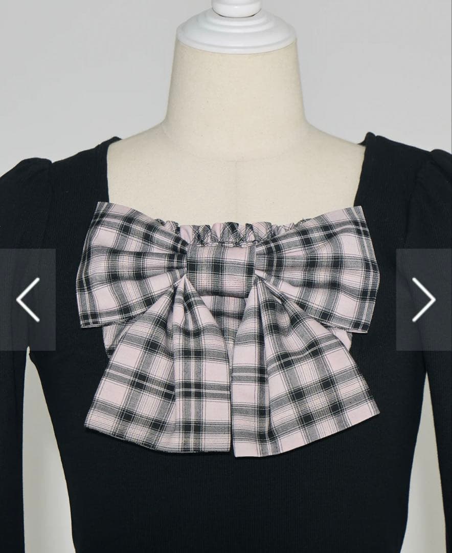 pium チェックリボン　トップス ＋　スカート　ブラック　ピンク