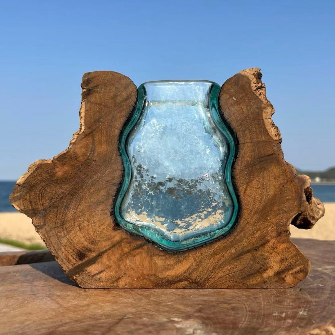 らい 天然木とガラスの花瓶UQ1 オブジェ 一輪挿し フラワーベース 作品