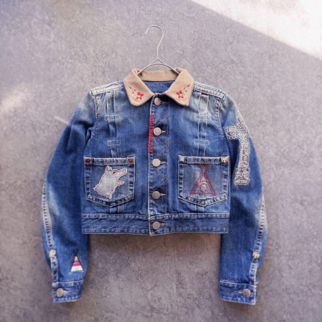 DSQUARED2 クロップド丈 デニムジャケット 本革襟 刺繍 y2k