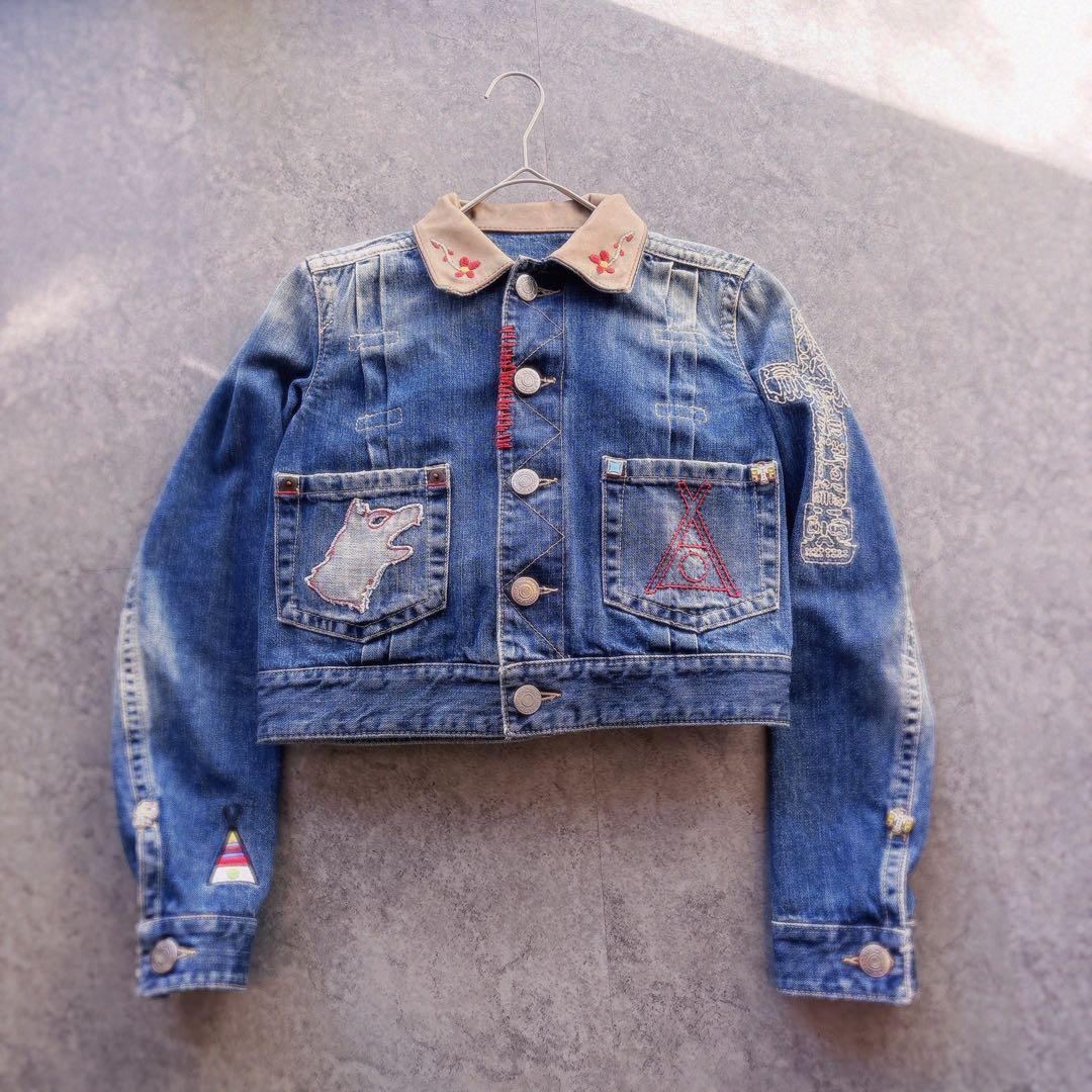 DSQUARED2 クロップド丈 デニムジャケット 本革襟 刺繍 y2k
