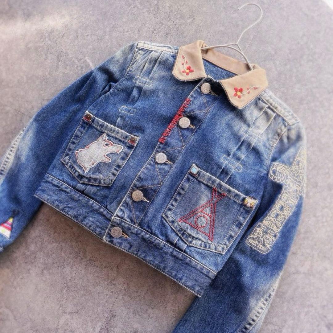 DSQUARED2 クロップド丈 デニムジャケット 本革襟 刺繍 y2k