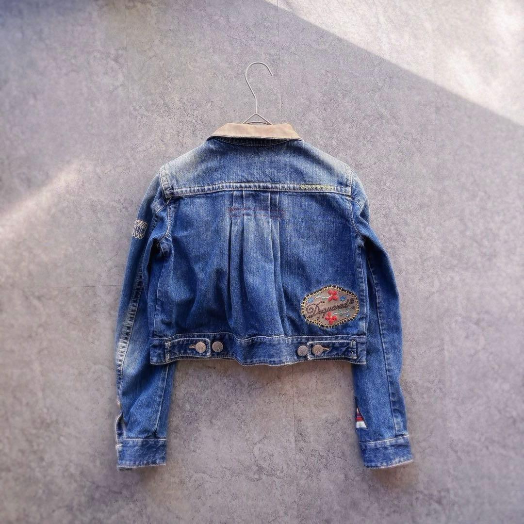 DSQUARED2 クロップド丈 デニムジャケット 本革襟 刺繍 y2k