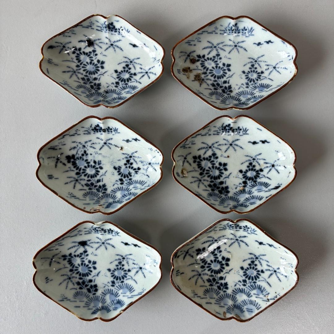 古伊万里　型紙摺印判　染付　小皿　 豆皿　6客