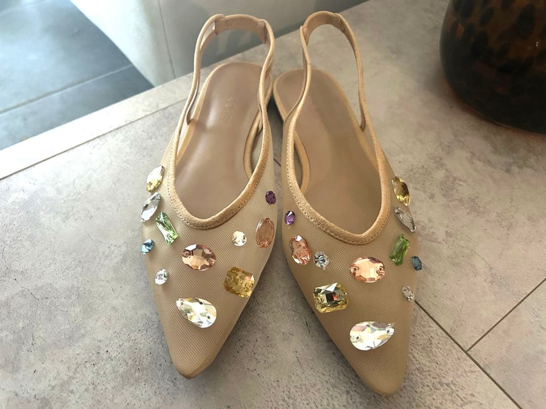 TULLEビジューバックストラップミュール　ベージュ/マルチ　M