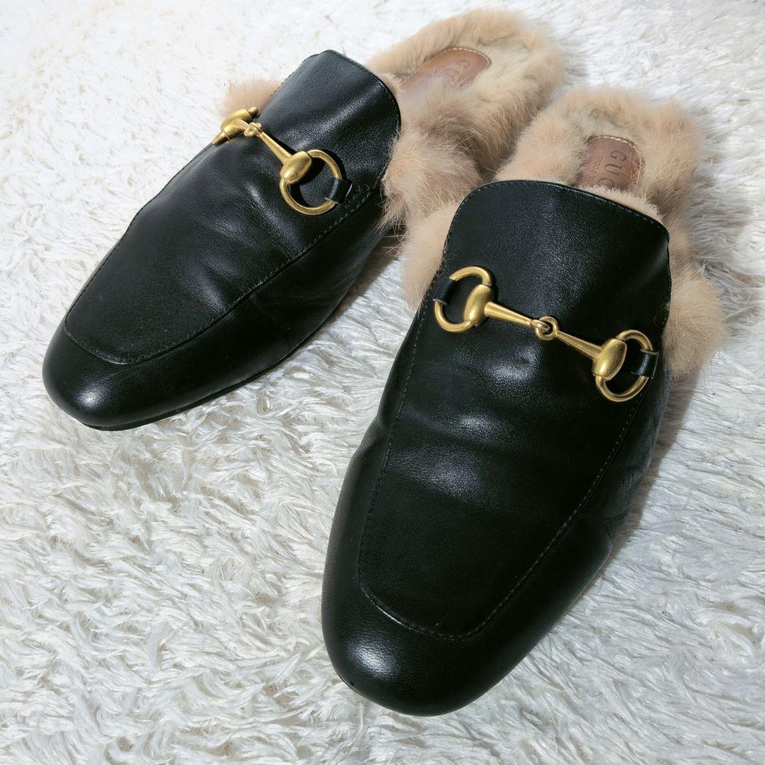 グッチ　プリンスタウン　サンダル　スリッポン　ホースビット　ファー　レザー　43