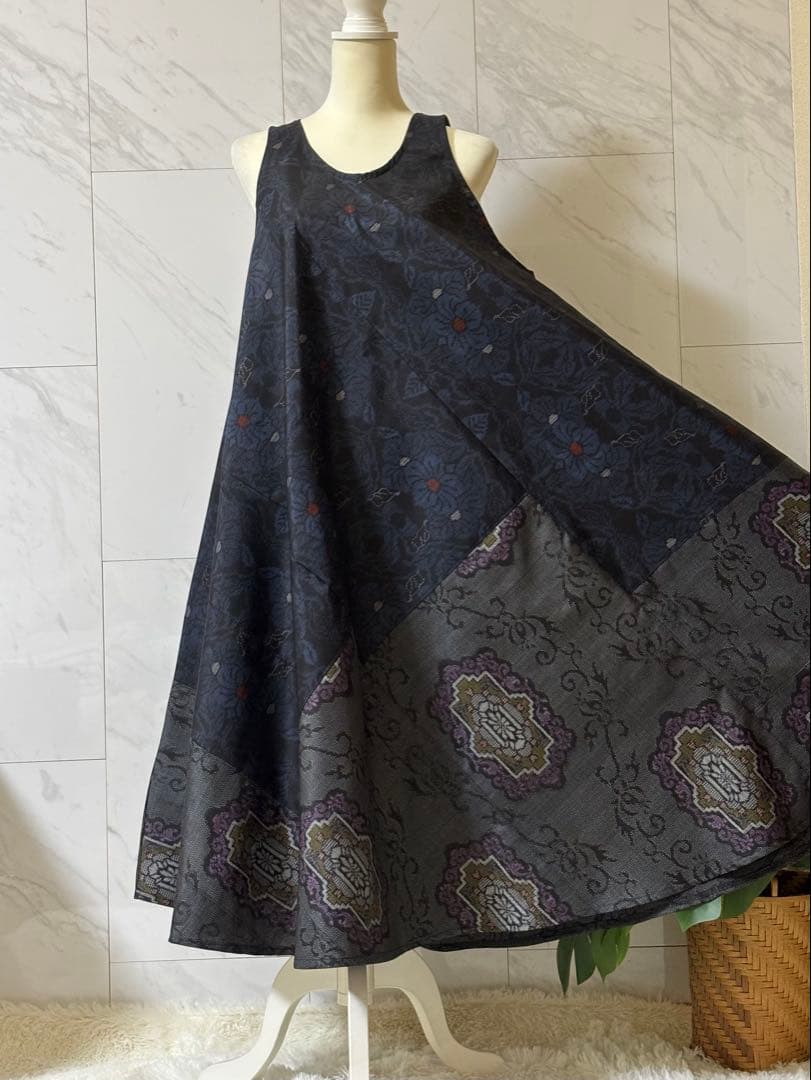 大島紬リメイク　大島紬ロングワンピース　大島紬ジャンパースカート