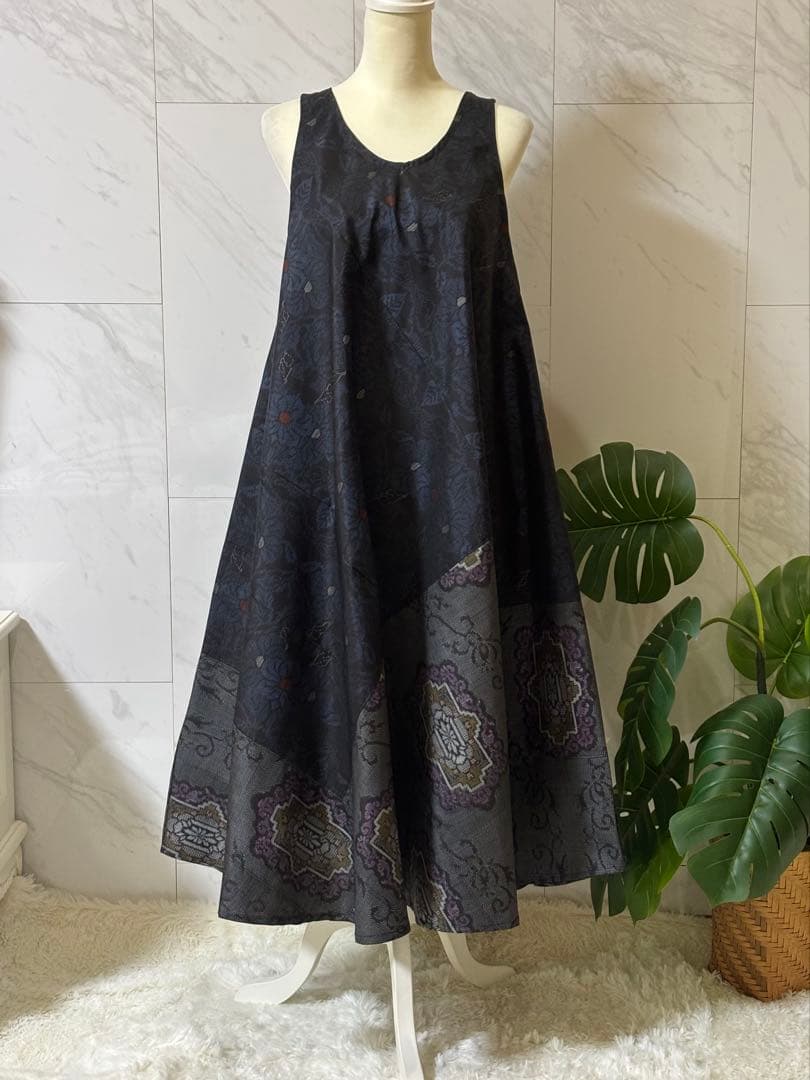 大島紬リメイク　大島紬ロングワンピース　大島紬ジャンパースカート