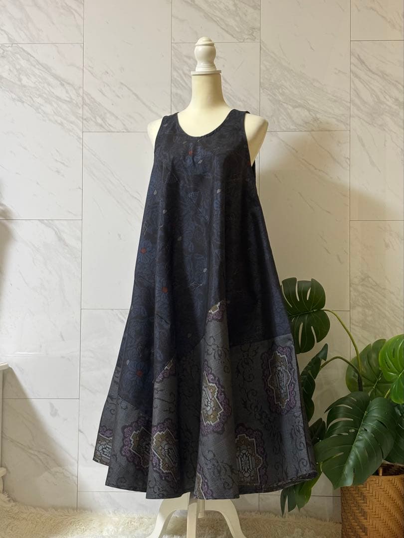 大島紬リメイク　大島紬ロングワンピース　大島紬ジャンパースカート