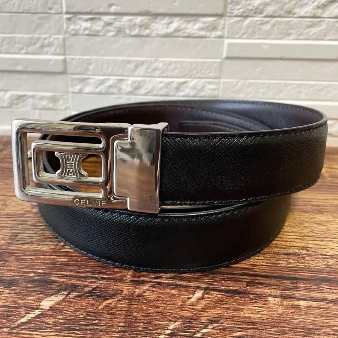 美品 セリーヌ レザー トリオンフ ロゴ シルバー金具 バックル ベルト 黒