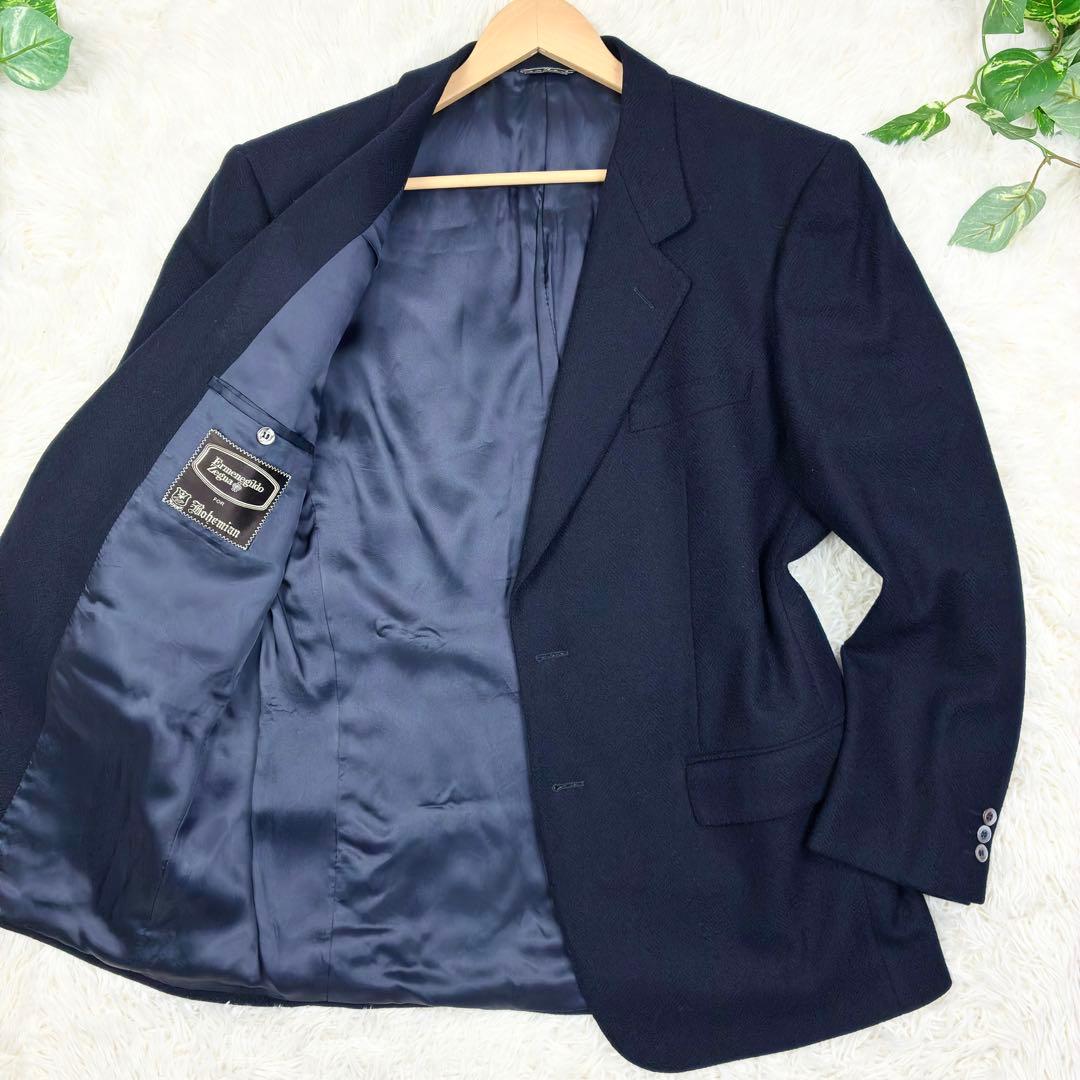 美品　エルメネジルドゼニア　ツイード　ヘリンボーン　紺ブレザー　貝ボタン　2XL