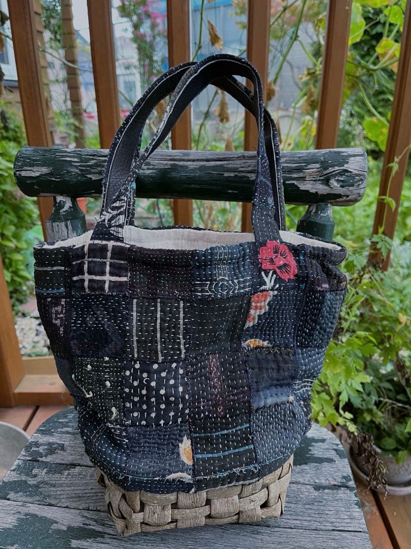 パッチワーク＆くるみ籠バッグ インド刺子 ハンドメイドメイド