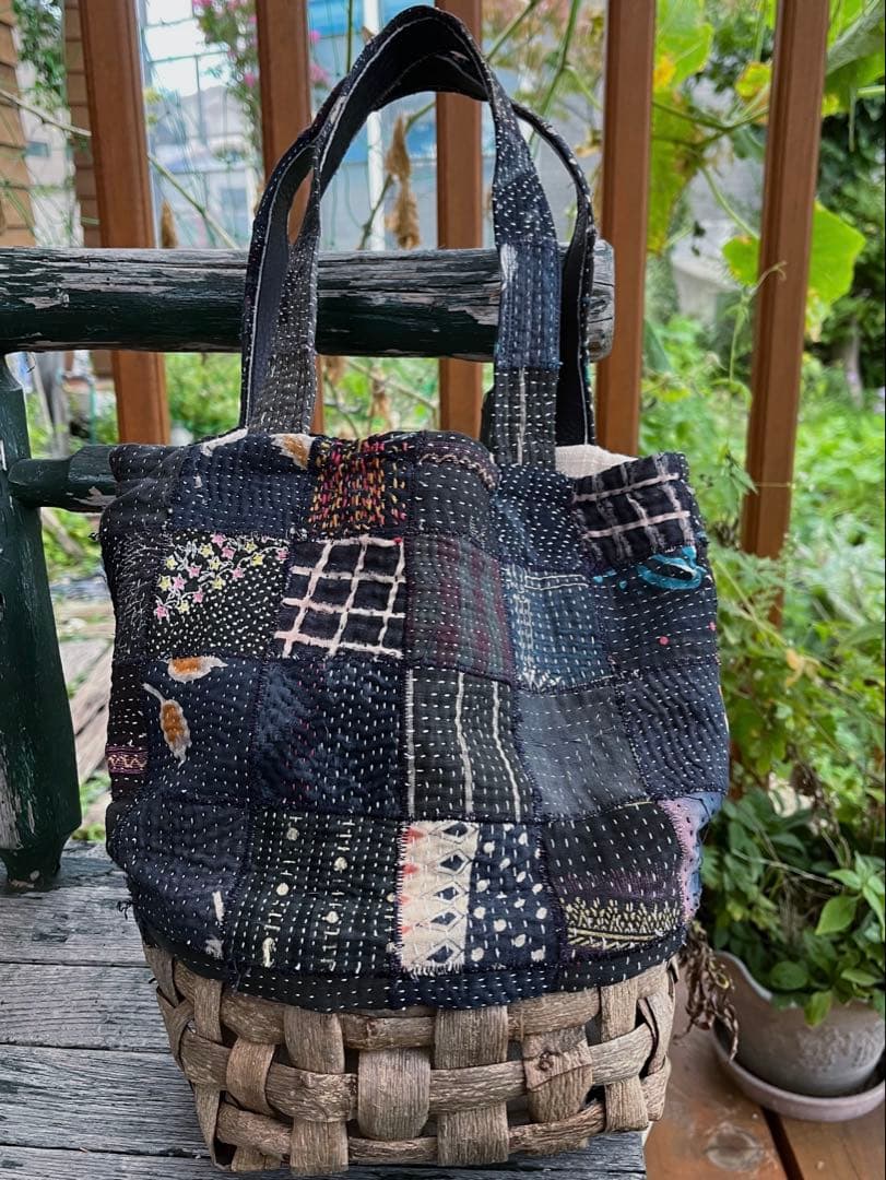 パッチワーク＆くるみ籠バッグ インド刺子 ハンドメイドメイド