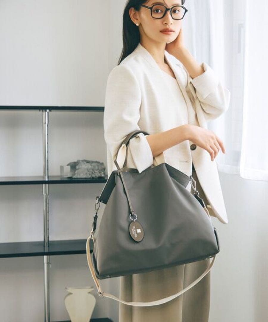 TOPKAPI ストライプハンドルナイロン2wayトートバッグ　ダークグレー