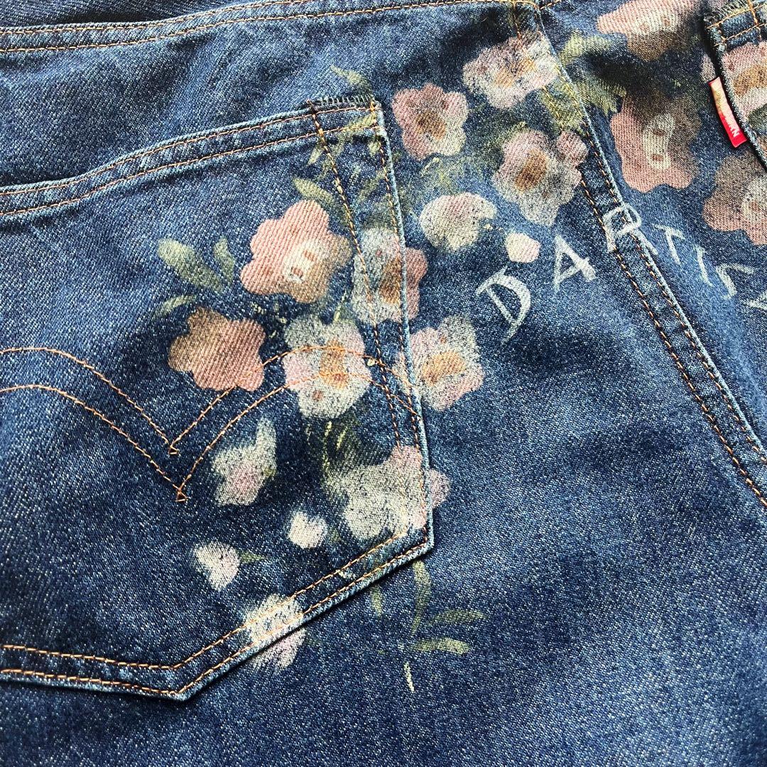 90s \"ダルチザン\" SD-301 極太 花柄ペイント デニムパンツ