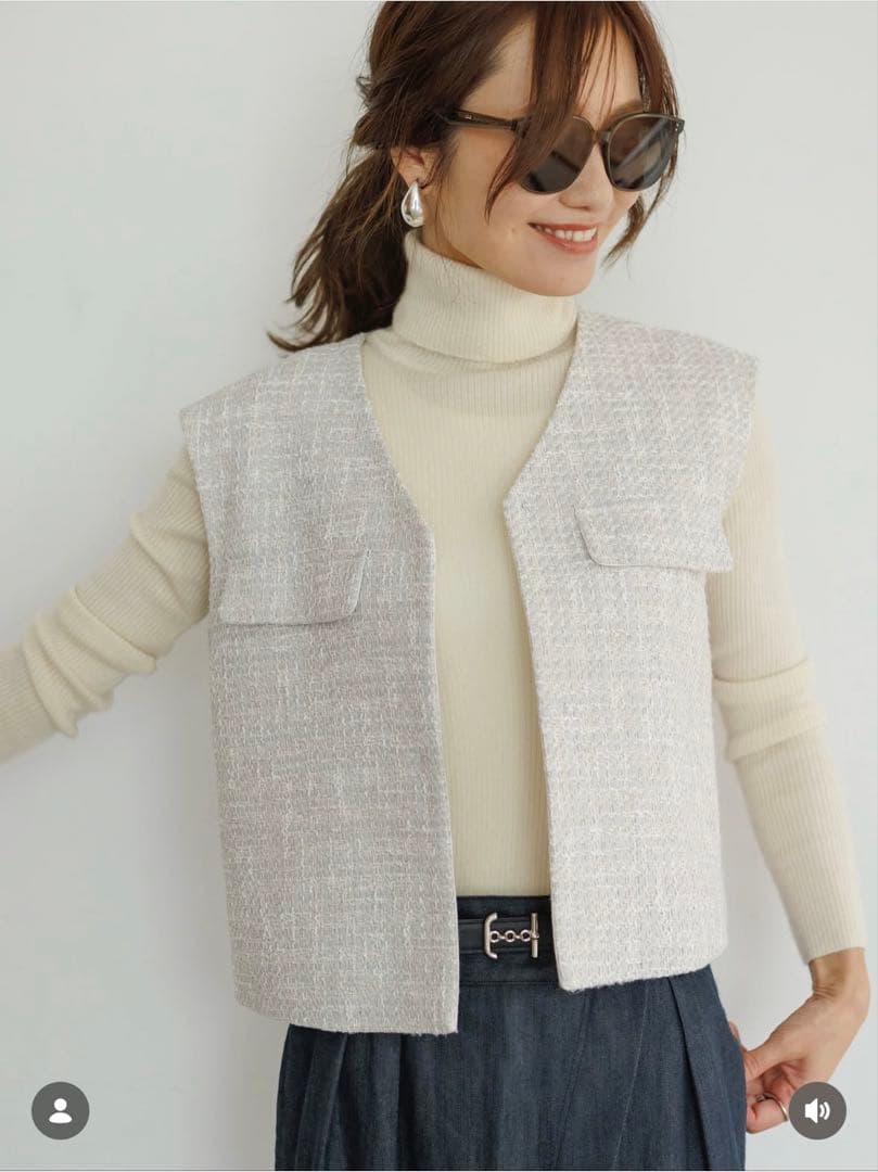 【美品】anplegant グレー系ツイードベスト ポケット付き