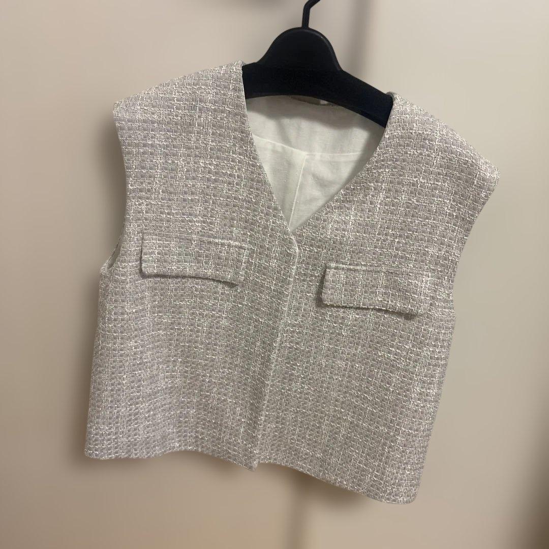 【美品】anplegant グレー系ツイードベスト ポケット付き