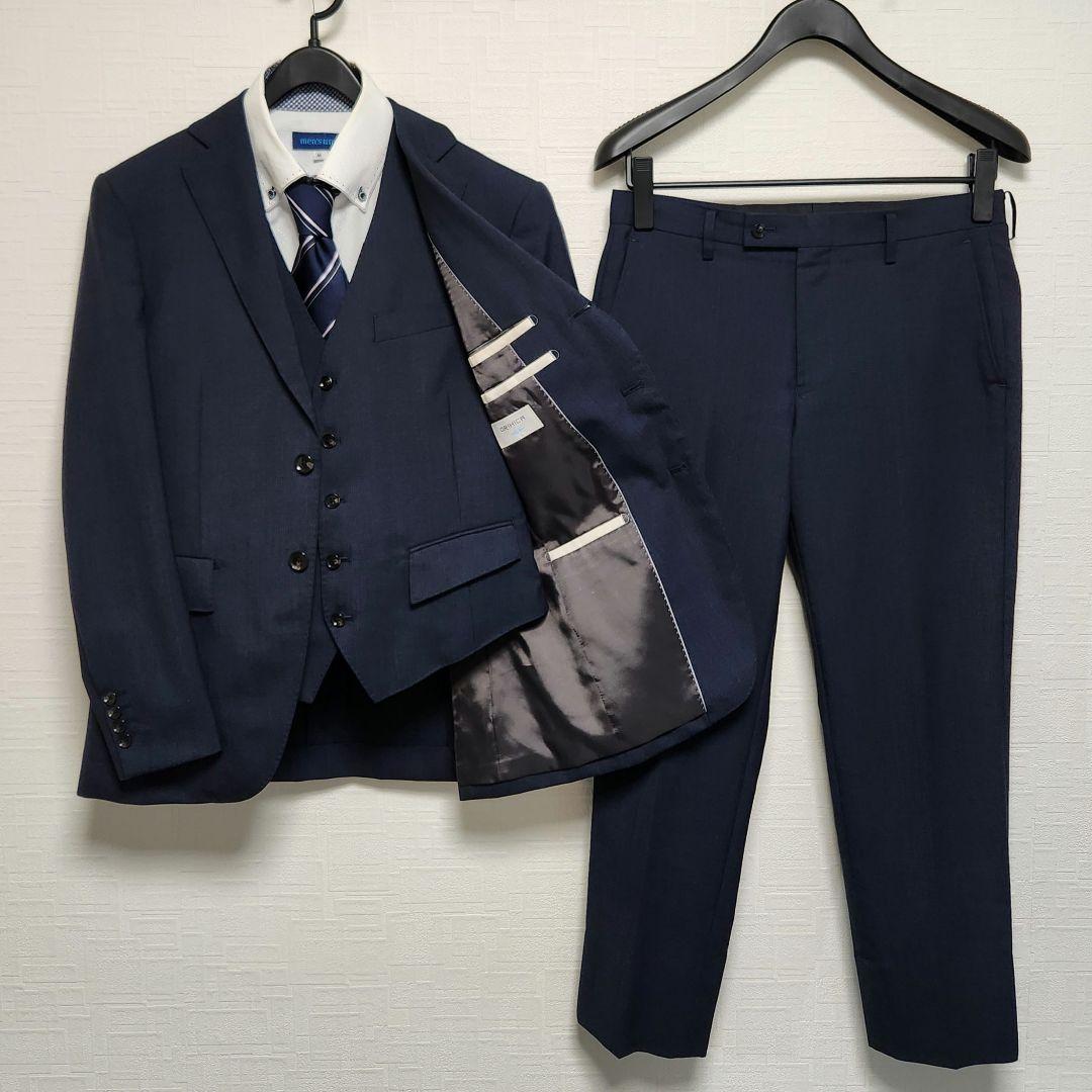 オリヒカ　メンズスーツ　スリーピース　セットアップ　濃紺ブルー　チェック　細身