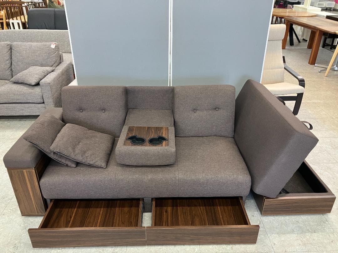 モダンデコ 2～3人掛け収納付き多機能ソファ ブラウン