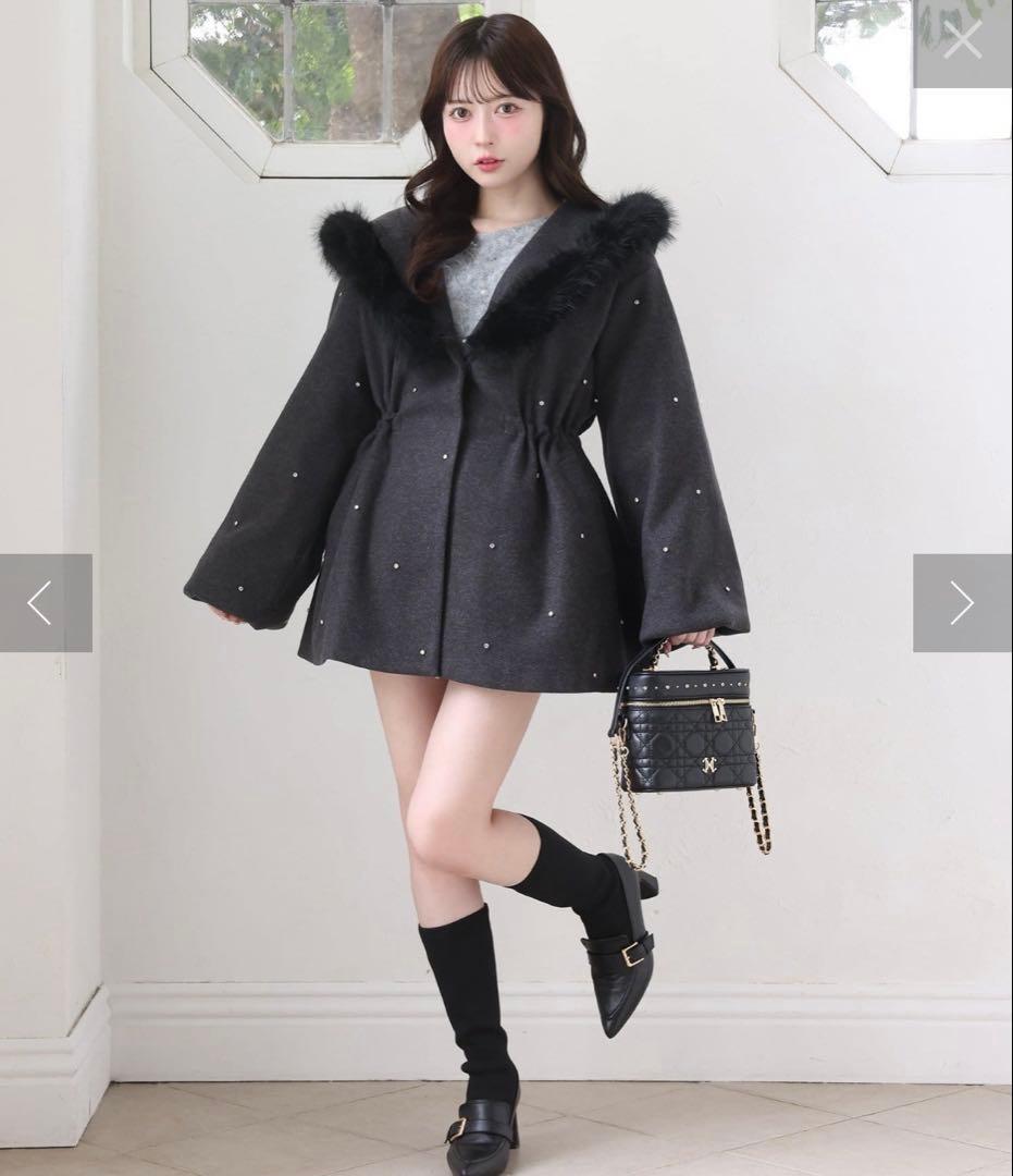 NICE CLAUP ナイスクラップ フードフェイクファービジューミドルコート